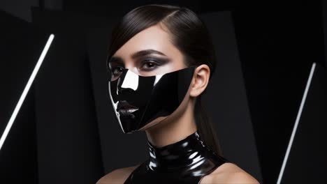 futuristic aesthetic: model with shiny black mask and fashion ensemble showcasing edgy style in dramatic lighting