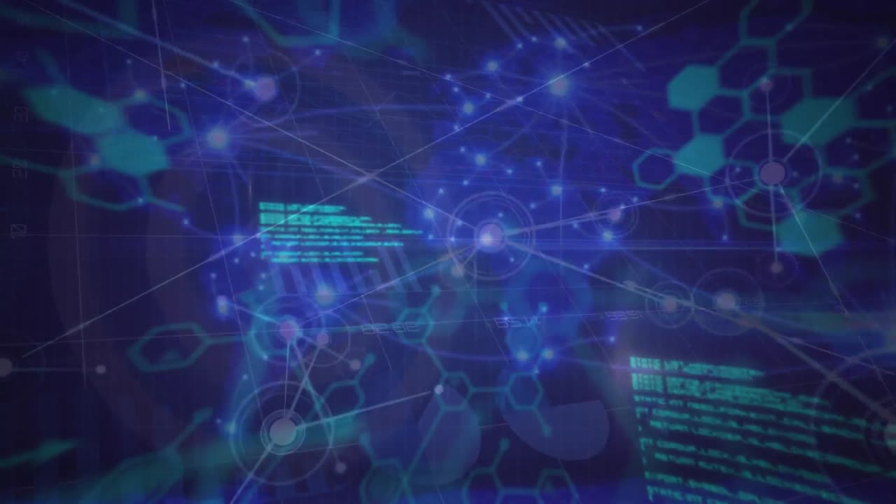 파란색 배경에 연결 네트워크, 데이터 처리 및 화학 구조의 애니메이션