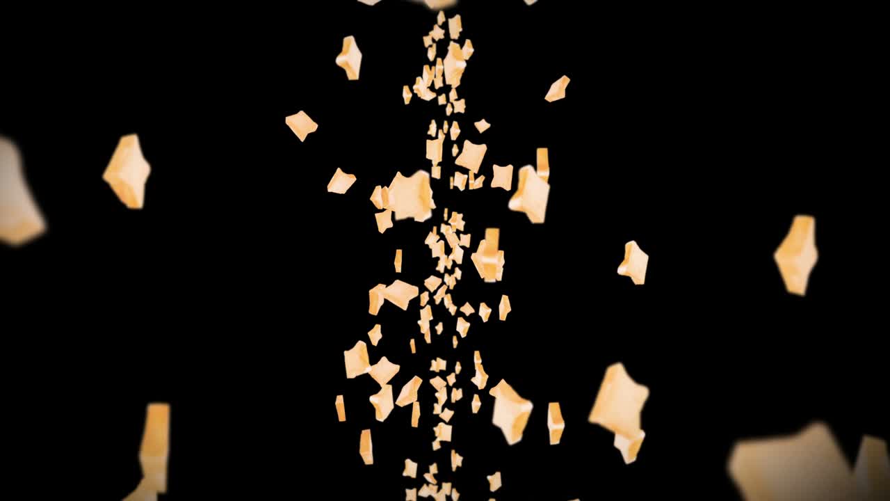 검은색 바탕에 많은 평평한  조각을 날아. 식품, 음식 및 먹는 개념. 밀 조각의 3d 애니메이션 회전. 루프 애니메이션.