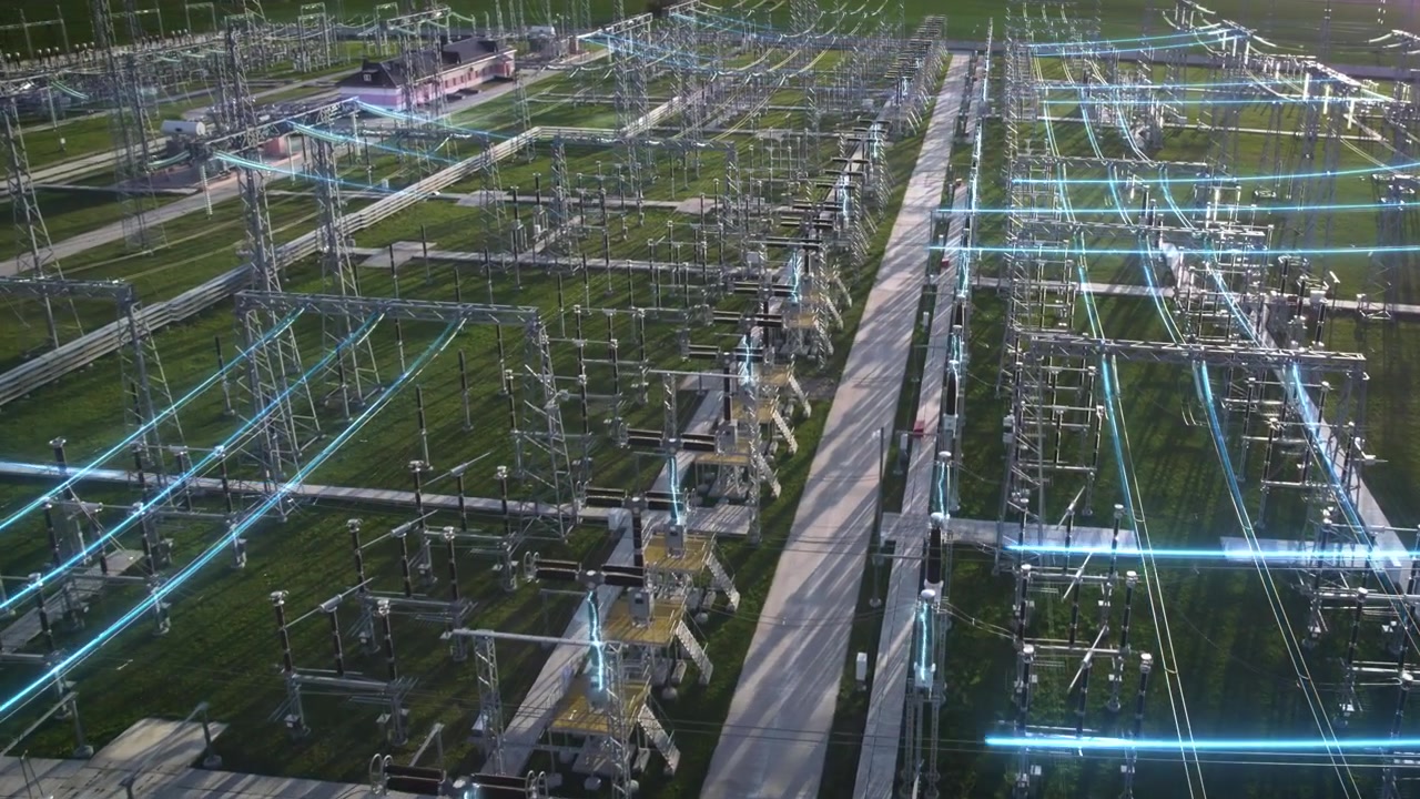 Aerial View of Electrical Substation with Digital Energy Flow Visualization
