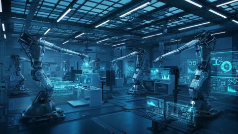 Advanced Robotics Operating in a High-Tech Industrial Environment: A Glimpse into Automated Manufacturing with Cutting-Edge Machinery and Interactive Data Displays