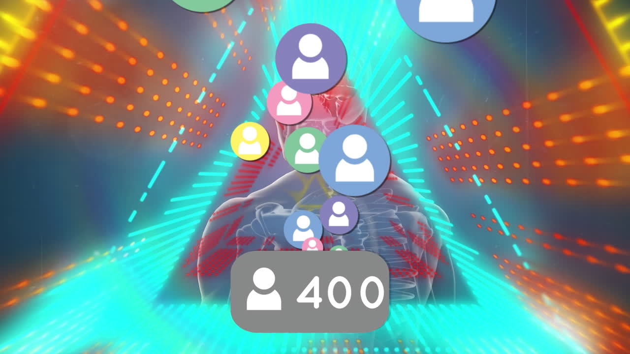 소셜 미디어 아이콘의 애니메이션과 네온 조명으로 디지털 공간에서의 반응