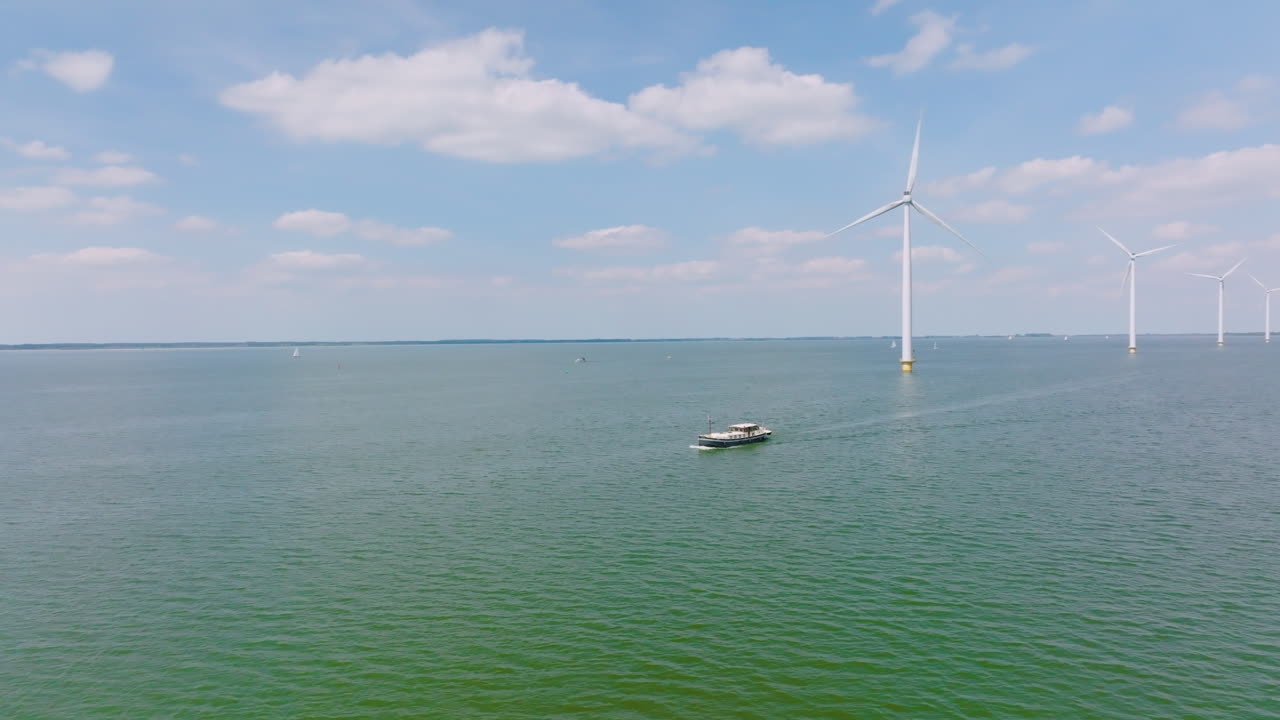Wind turbines in an offshore wind park producing electricity