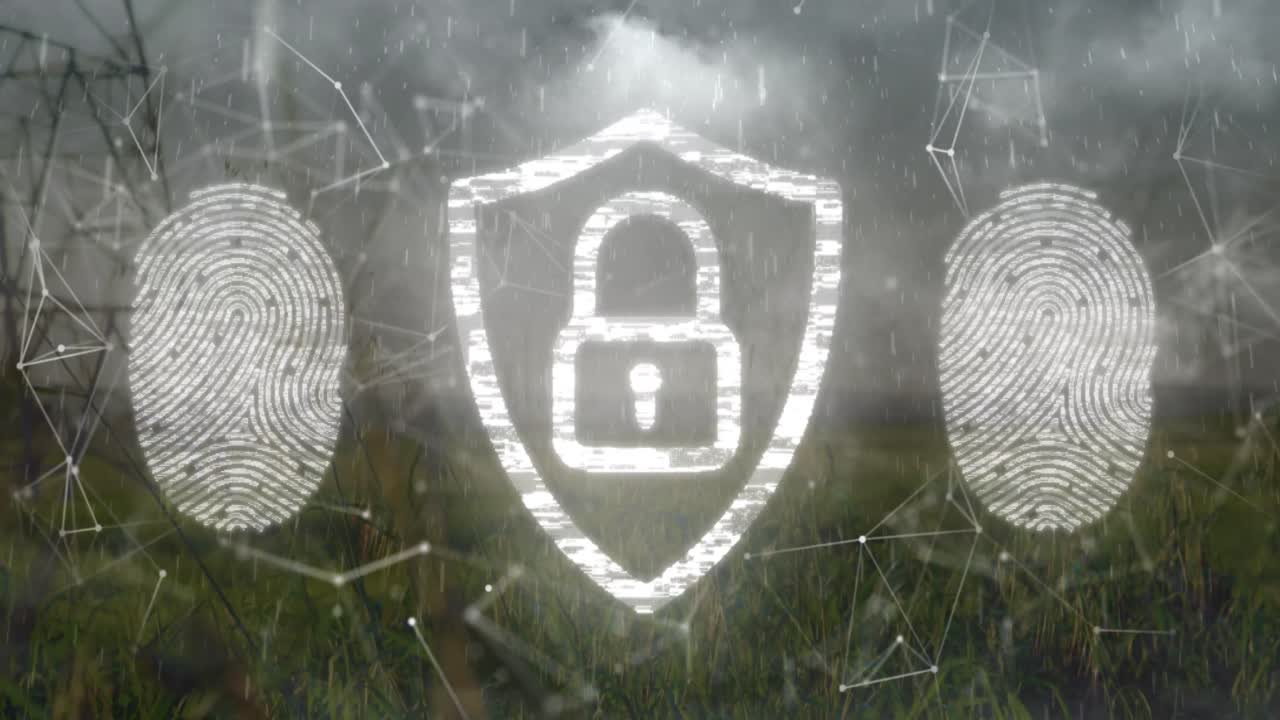 анимация движущихся форм и пейзажа над отпечатками пальцев и замком