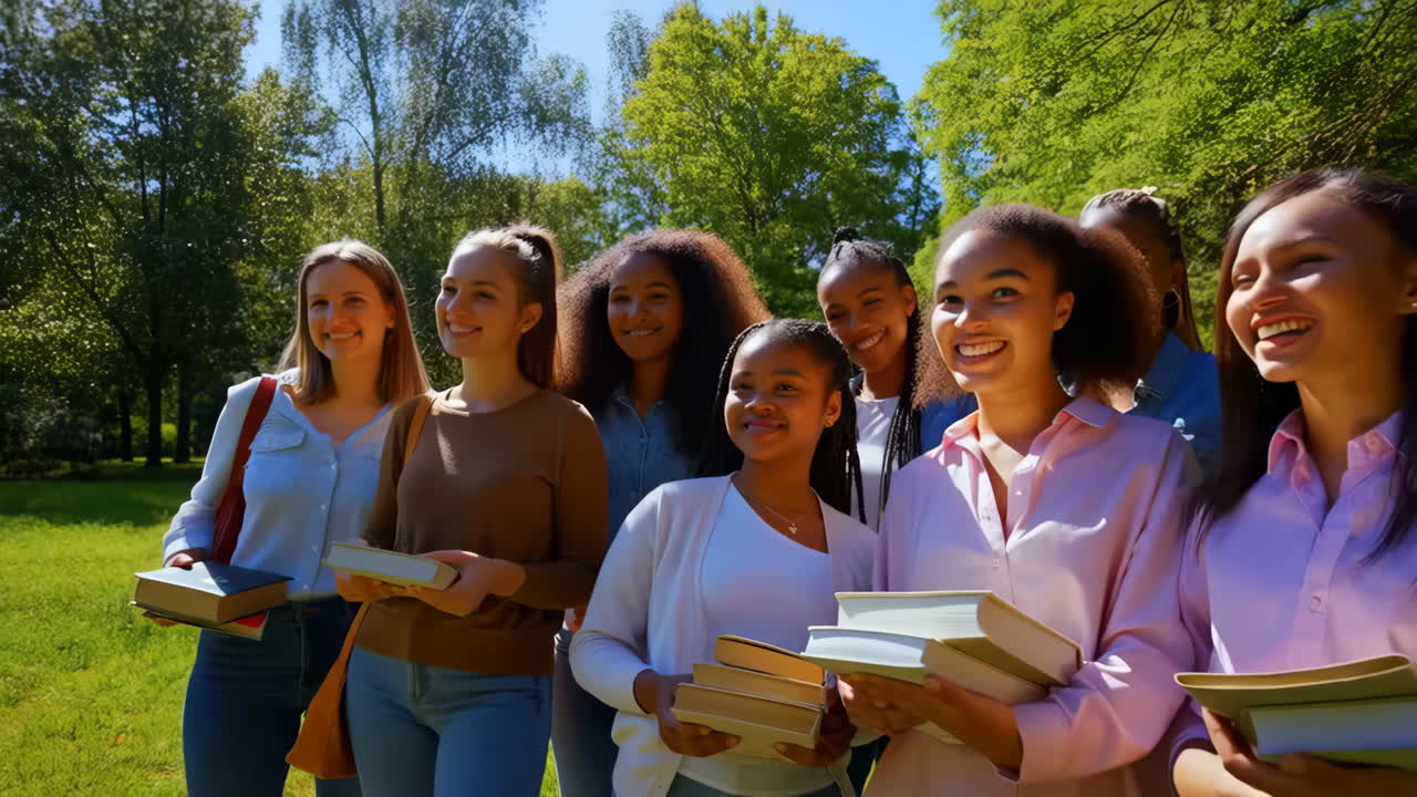 Diverse group of female students with books walking on campus