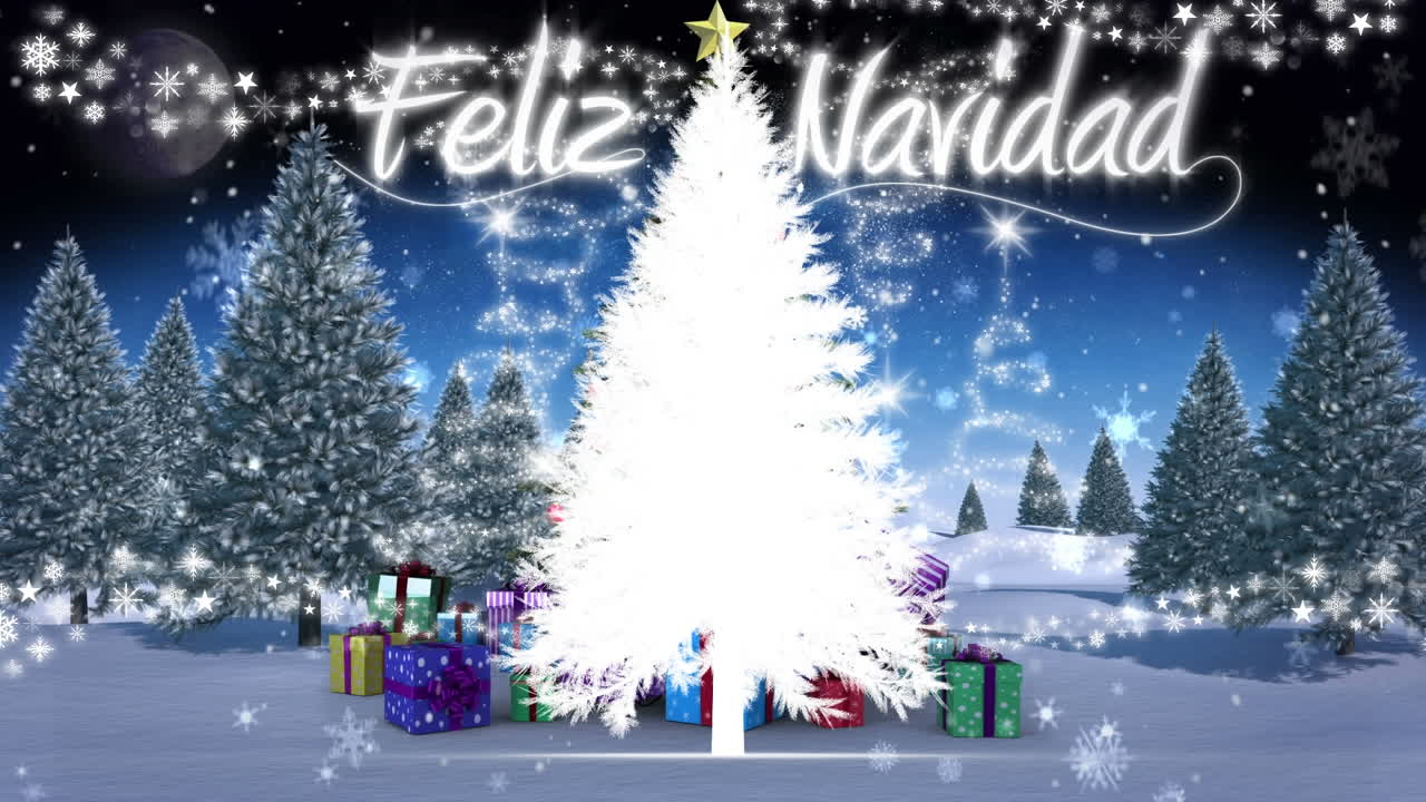 animación del texto de feliz navidad sobre el paisaje navideño