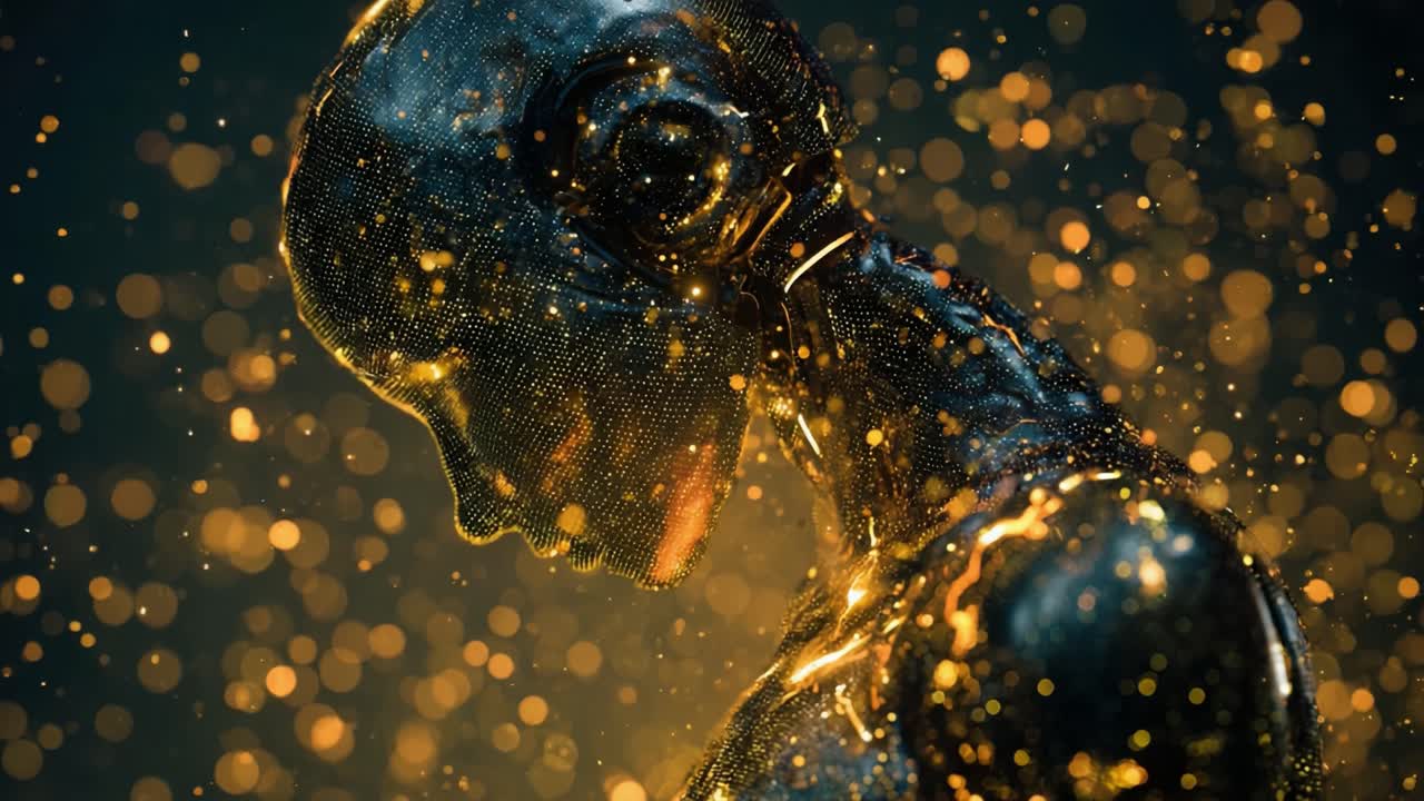 A Stunning Interpretation of a Robotic Form Enhanced by Glimmering Particles, Capturing the Essence of Technology and Artistry in a Mesmerizing Display