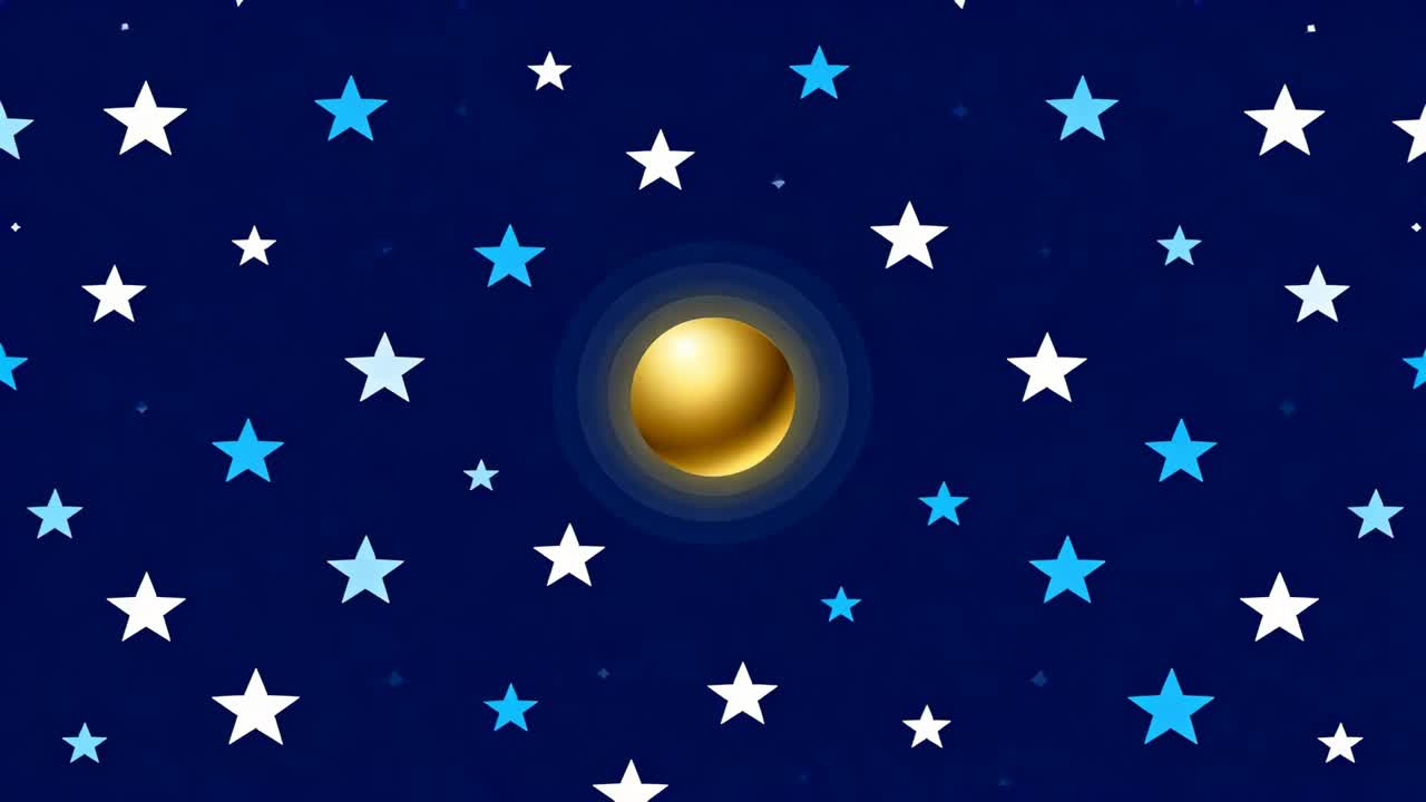 Lecture d’une animation montrant un orbe doré avec un halo centré tandis que des étoiles à cinq branches apparaissent en fondu dans un ciel bleu marine