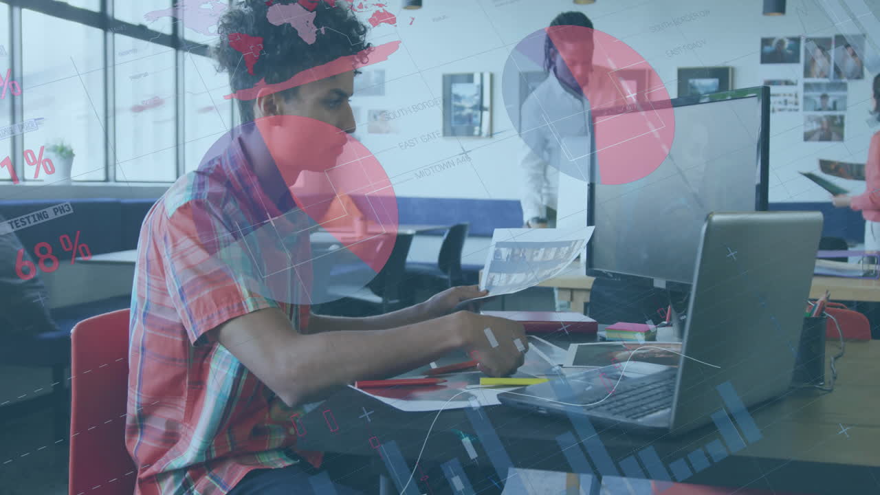 Animation of financial data processing over diverse business people in office