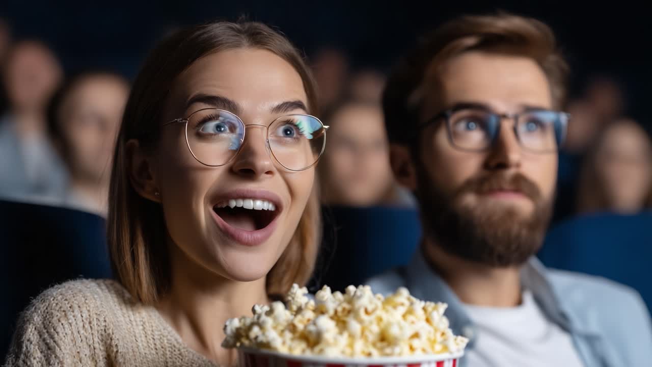 Exciting Movie Experience: A Young Woman and Man Enjoying a Film with Popcorn in a Theater Full of Anticipation and Emotional Reactions