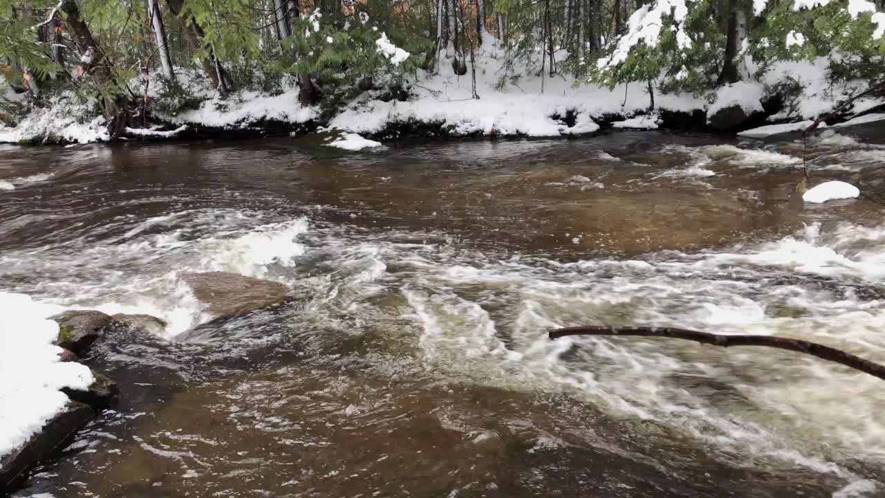 río y arroyo con remolinos con nieve en el borde
