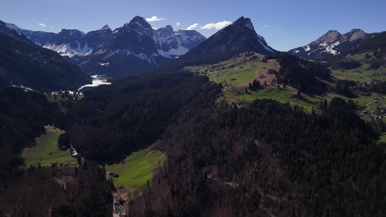Nature mountain forest hills valley aerial drone landscape Swiss Alps alpine region