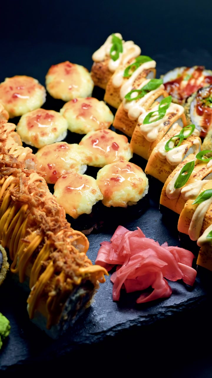Varietà di sushi servita su un piatto scuro con diversi tipi di roll e guarnizioni in un ambiente da ristorante