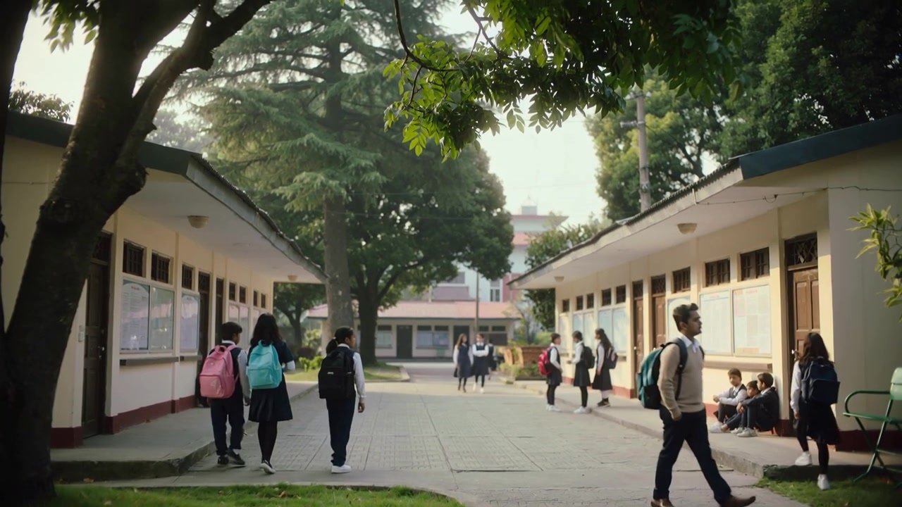 Tiga siswa berjalan mengenakan sweter membawa ransel di halaman sekolah, dengan ruang kosong untuk teks