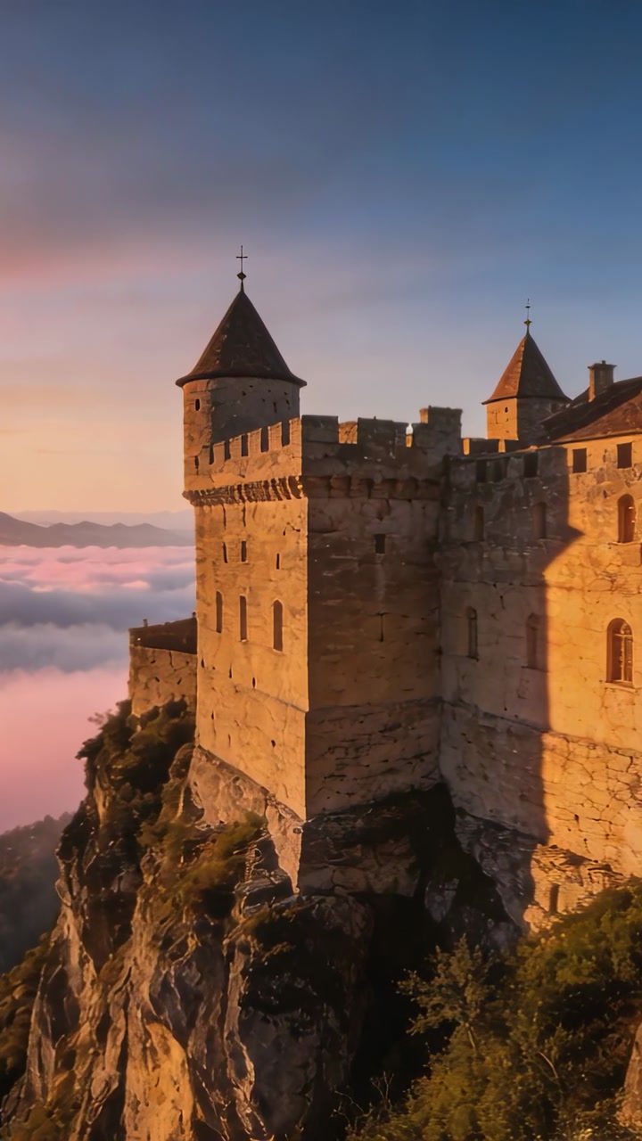 Vertical video: Camera dollying closer to stone castle towers on cliff at sunrise showing pink fog