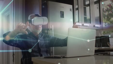 animación de la red de conexiones sobre el hombre caucásico usando auriculares vr