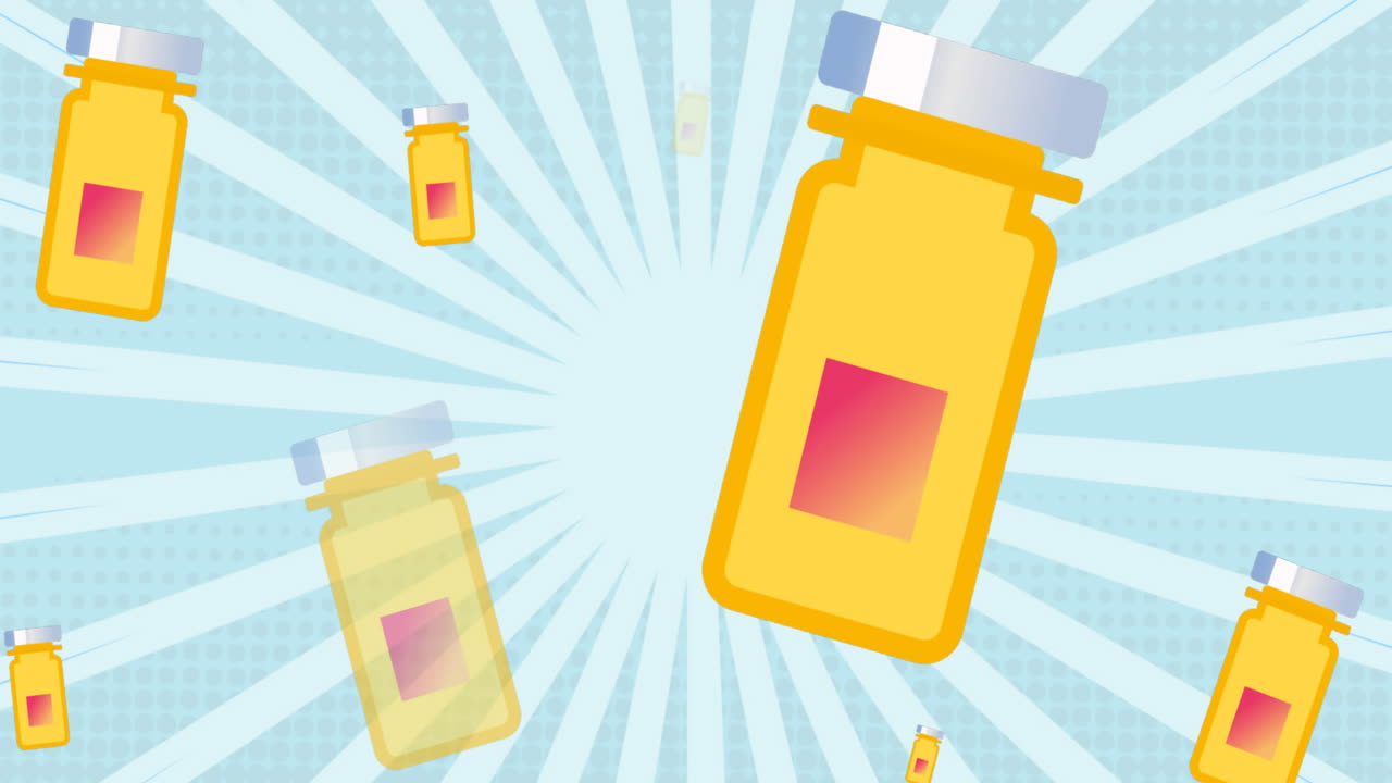 파란색 위에 떨어지는 코로나19 백신 접종의 애니메이션