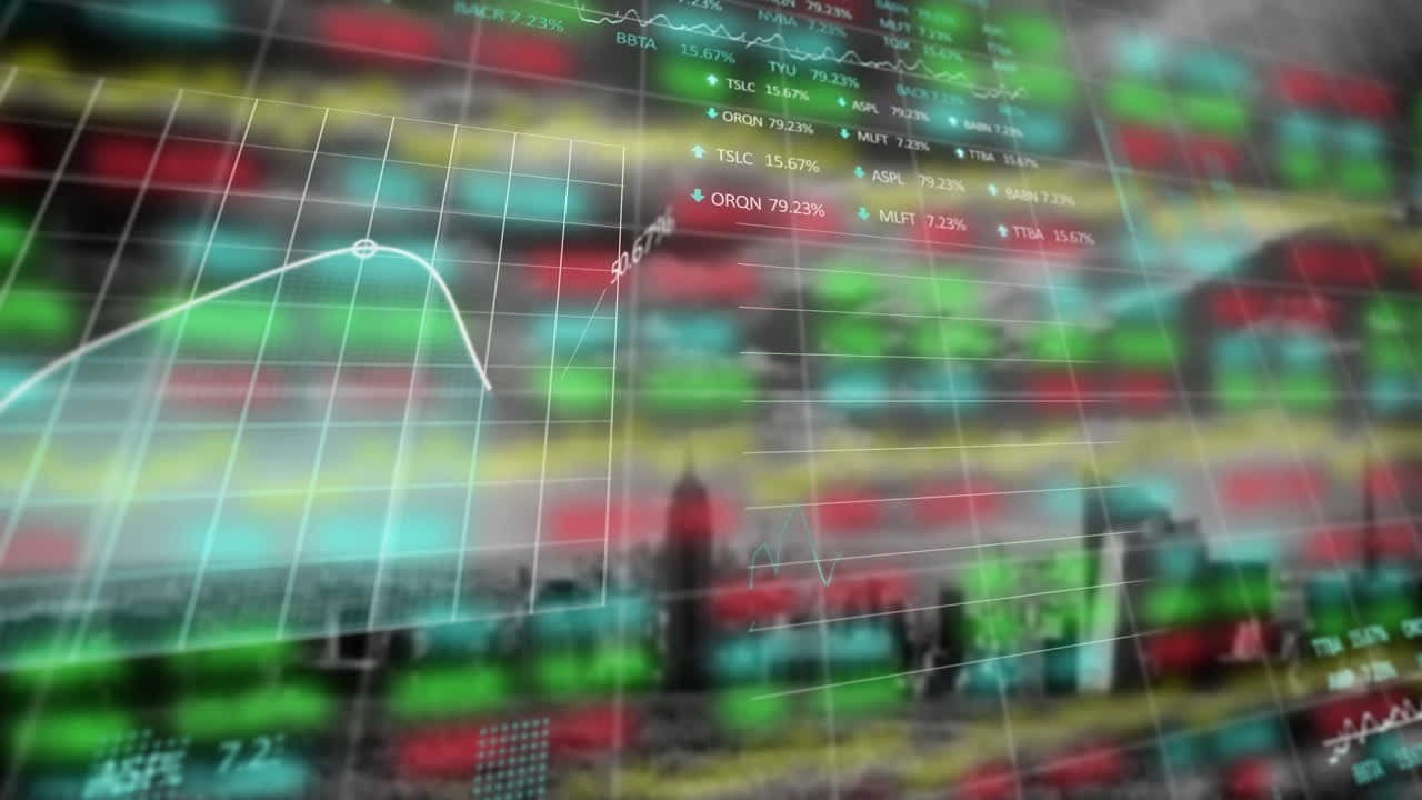 Animación de una pantalla del mercado de valores sobre un fondo brillante.