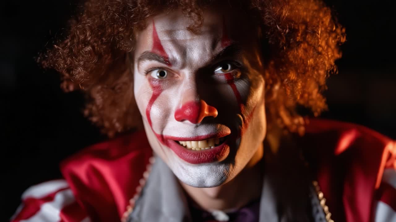 Intense Close-Up of a Clown's Face Capturing His Eerie Expression with Dramatic Lighting, Showcasing Bold Makeup and Expressionistic Features