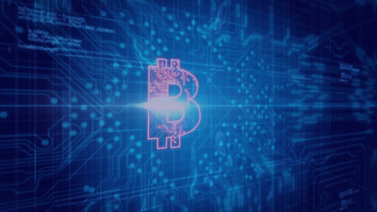 animación del símbolo de bitcoin y procesamiento de datos digitales en una placa de circuitos