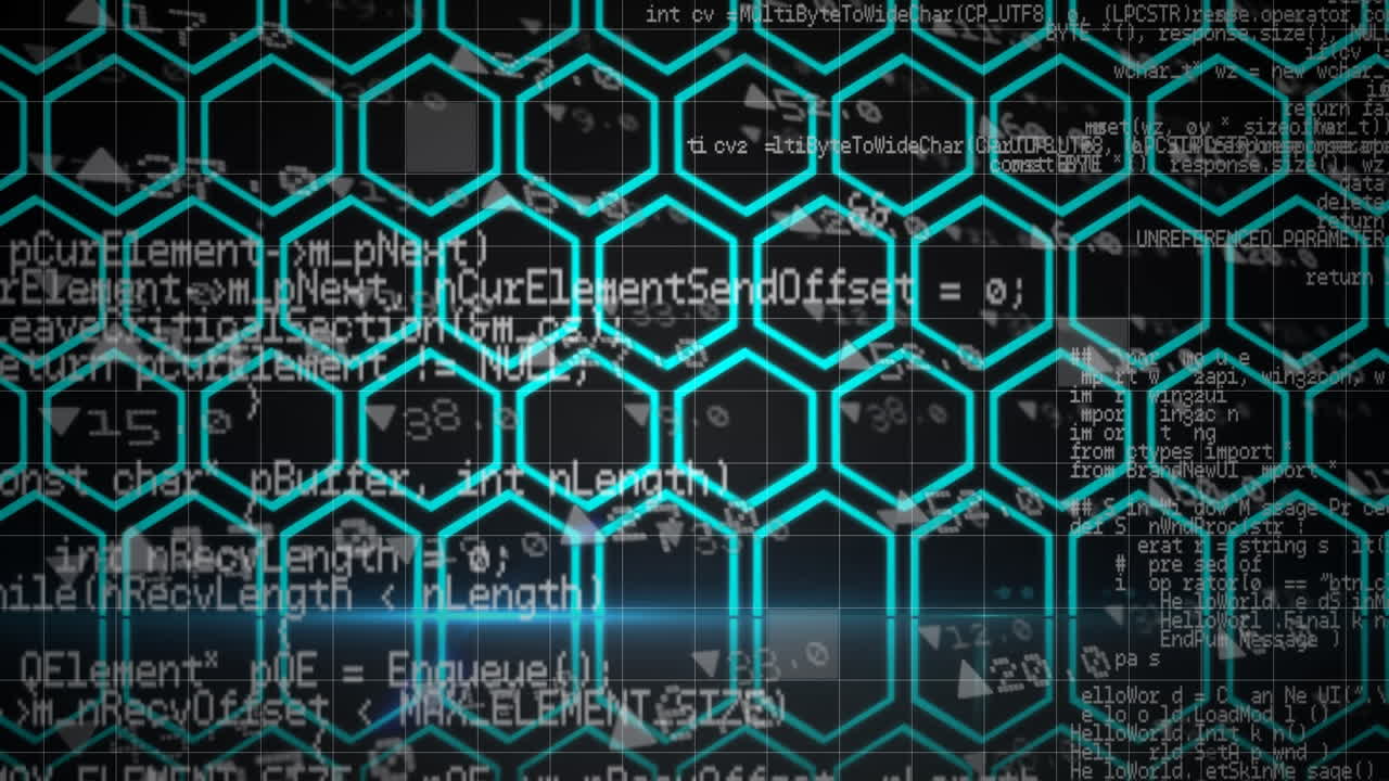 검은 바탕의 증권 시장 데이터 처리에 대항하여 네온 육각형 모양의 디지털 애니메이션