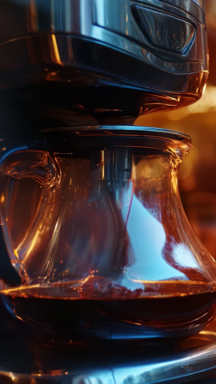 Close-Up Penyeduhan Kopi di Pembuat Kopi Modern, Menyoroti Cairan Pekat dan Gelap yang Dituangkan ke dalam Teko Kaca, Menangkap Aroma dan Kehangatan Kopi yang Baru Diseduh