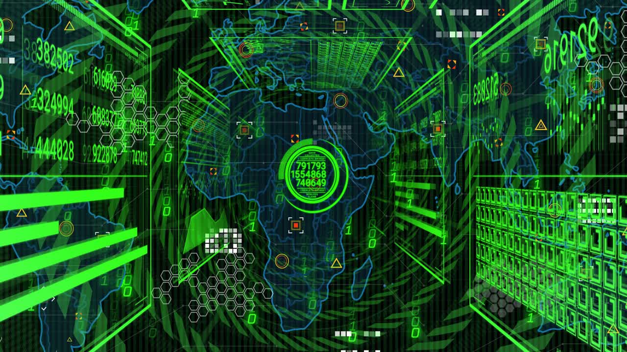 World map appearing starting data interface animating tunnel with climbing meter showing trends