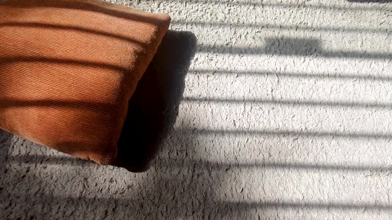 un pequeño cojín cuadrado en una alfombra beige aparece al final del video, tomado de derecha a izquierda