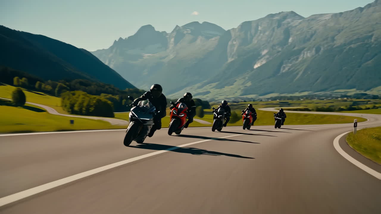 A group of motorcyclists riding on a scenic mountain road