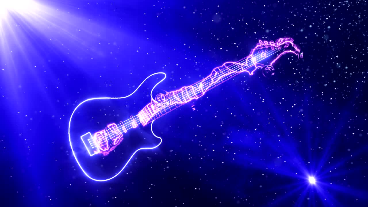 guitarra eléctrica brillante en el espacio con partículas flotantes lentamente, rodeadas de reflejos de luz