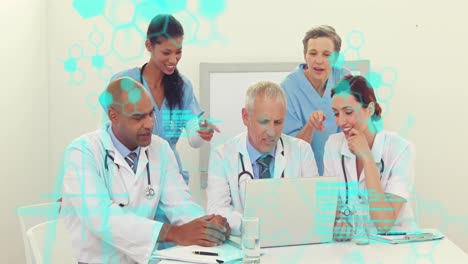 animation of molecule structures and computer language, diverse doctors discussing patient reports