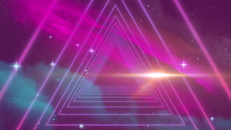 animation of purple glowing triangle neon tunnel spinning over stars and pink clouds background