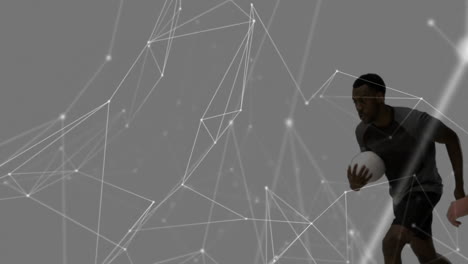 playing rugby, athletes running with ball over network connections animation