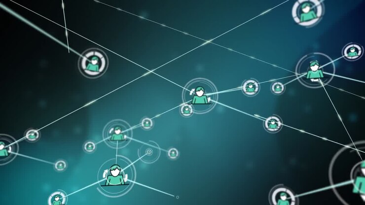 Animation of network of connections with icons over green background