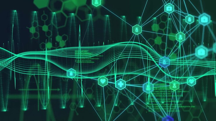 Animation of network of connections and digital data processing over dark background
