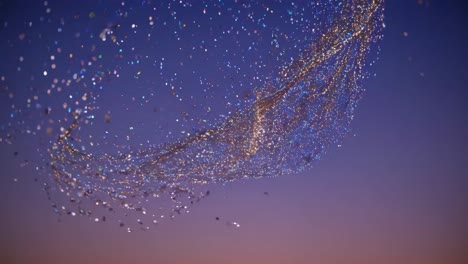 a mesmerizing swirl of sparkling particles against a twilight sky, captured from a low-angle