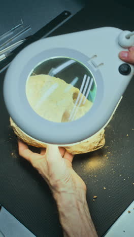 cleaning and examining an ancient skull