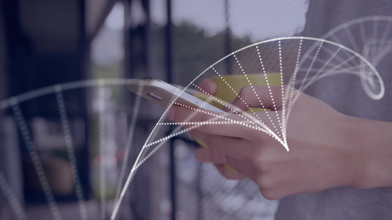 man holding smartphone next to window, displaying technology data flow analytics with dotted arcs
