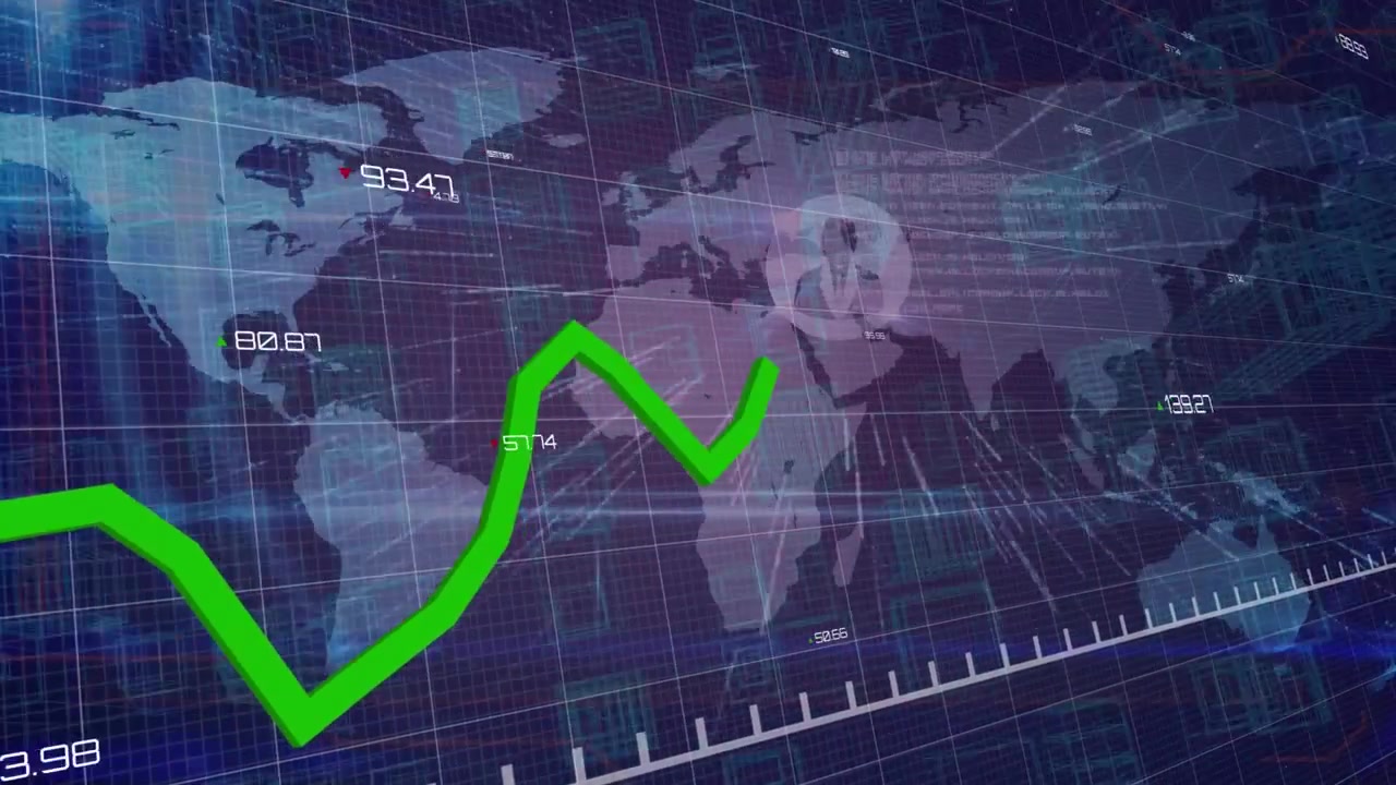 Animación de gráficos financieros y datos sobre un mapamundi