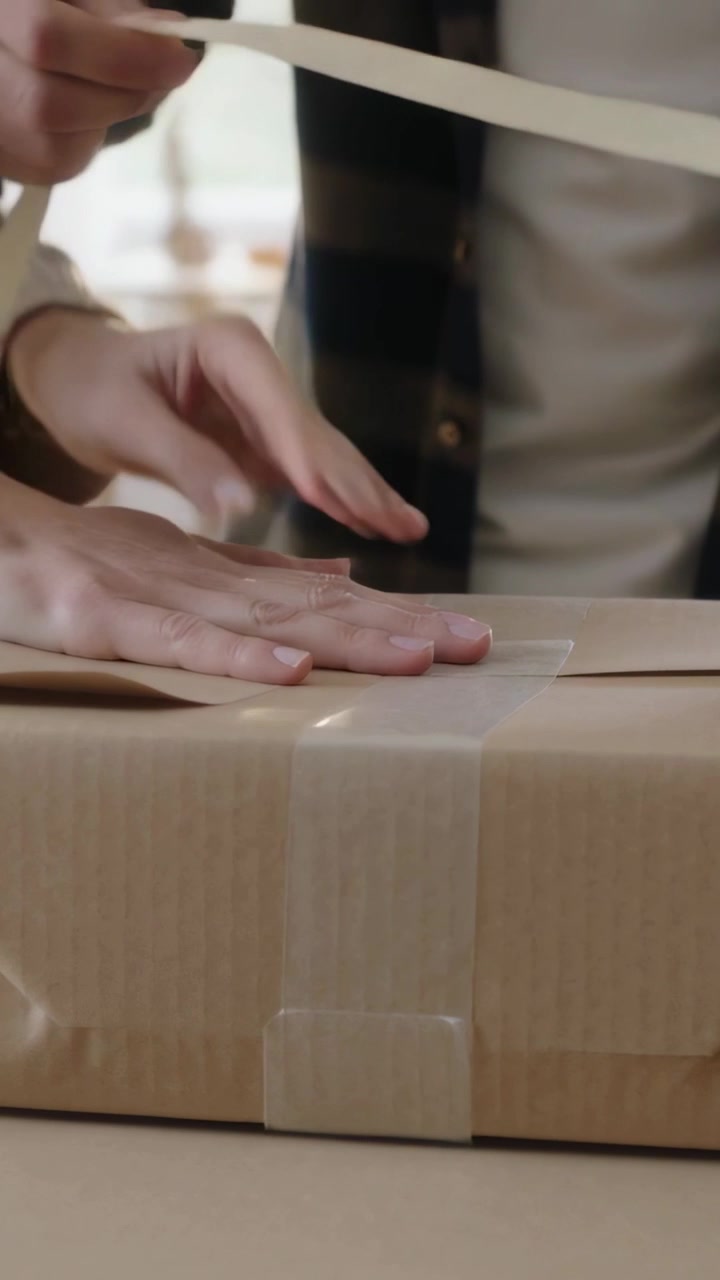 Vertical video: Peeling tape, couple hands smoothing tape to seal kraft box at home, flannel, knit