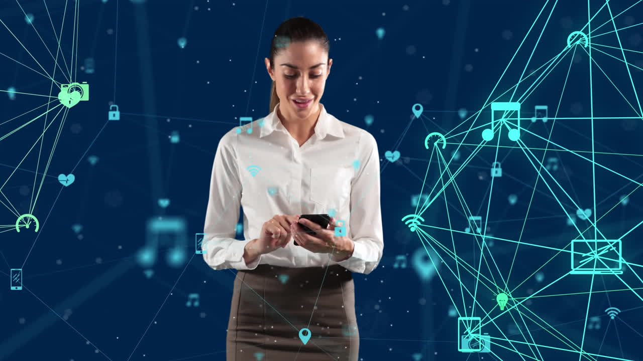 globo de iconos digitales contra una mujer de negocios que usa un teléfono inteligente