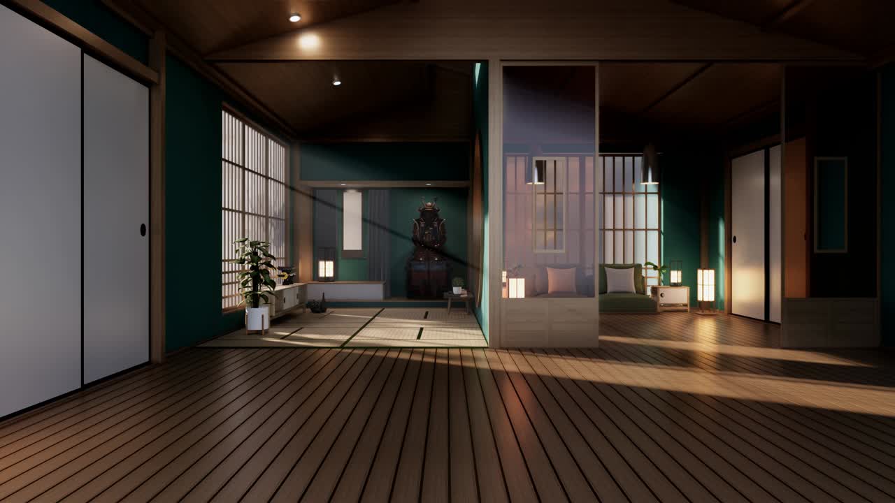 disegno giapponese blu scuro sull'interno della stanza tropicale e sul pavimento del tappetino tatami. rendering 3d