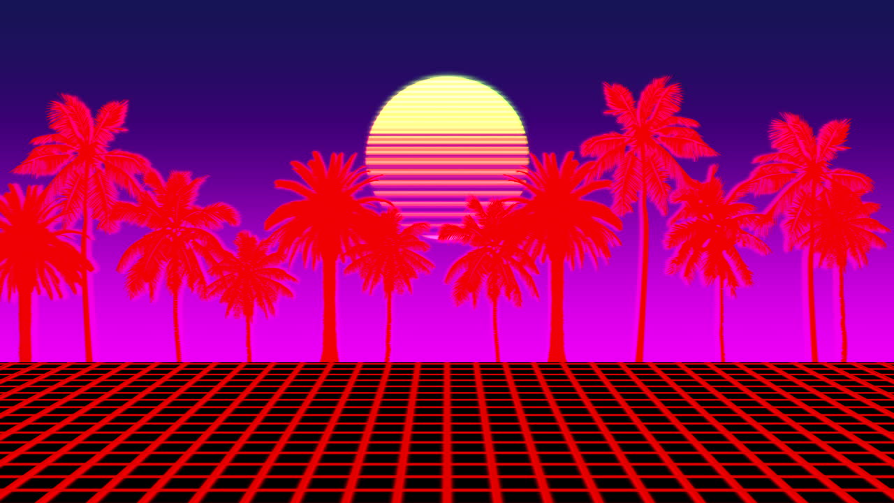 paisaje de neón retro con gran sol, palmeras tropicales y rejilla roja en galaxia oscura