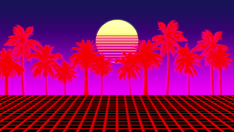 retro neon landscape with big sun, tropical palms and red grid in dark galaxy