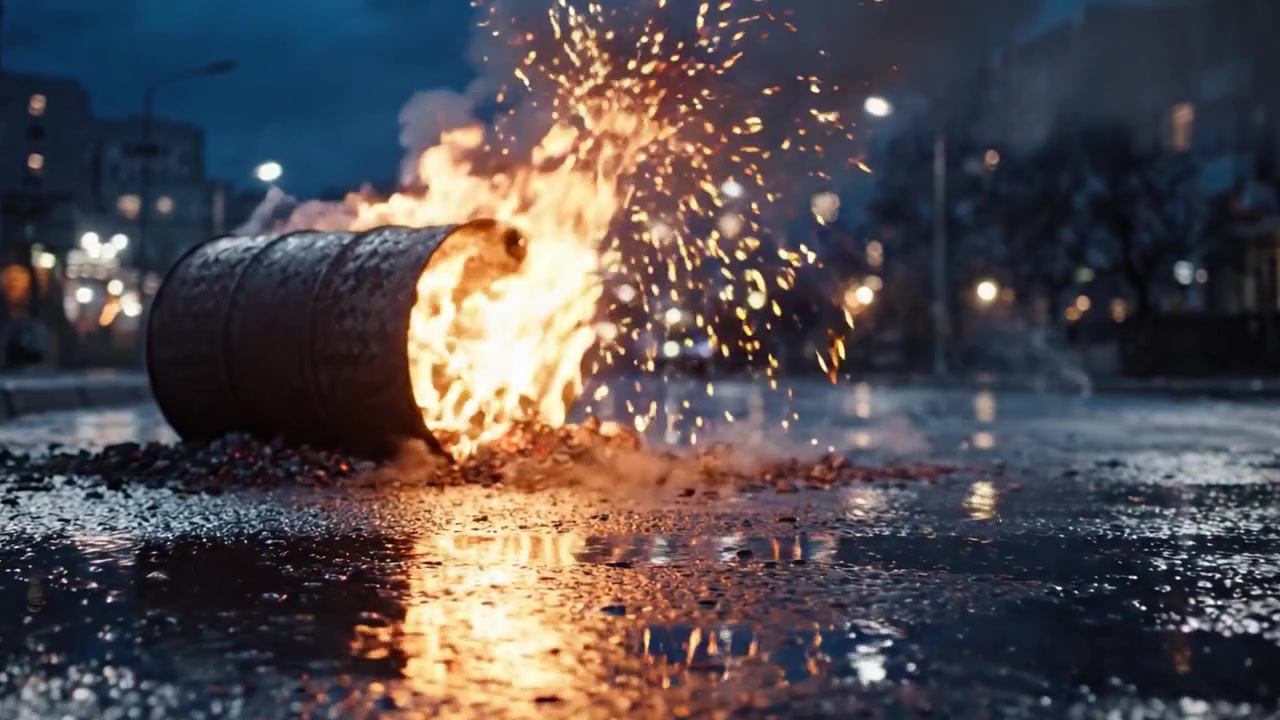 Dramatisk scen med en brinnande tunna mitt i ett dystert stadslandskap, som fångar flammornas intensitet och reflektioner på en våt gata i svagt ljus.