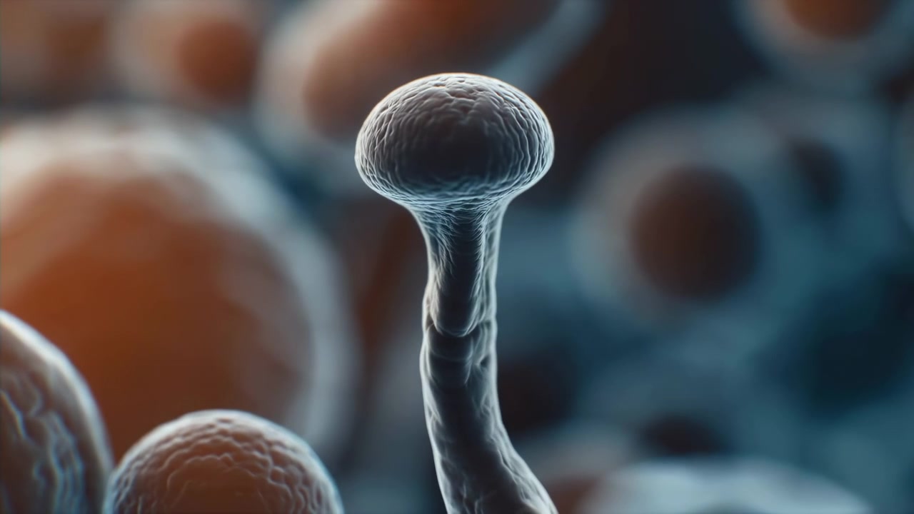 Vista macro centrata di un singolo filamento allungato con una punta a bulbo arrotondata a forma di fungo a fuoco nitido contro un campo sfocato di masse sferiche, fine