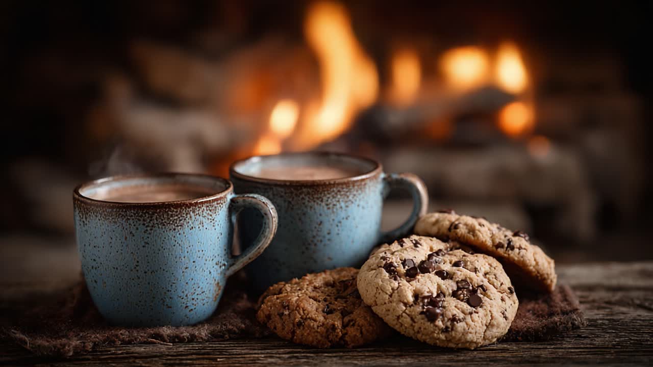 Momenti accoglienti accanto al fuoco: concediti la combinazione perfetta di cioccolata calda e biscotti appena sfornati per un'atmosfera invitante e rilassante.