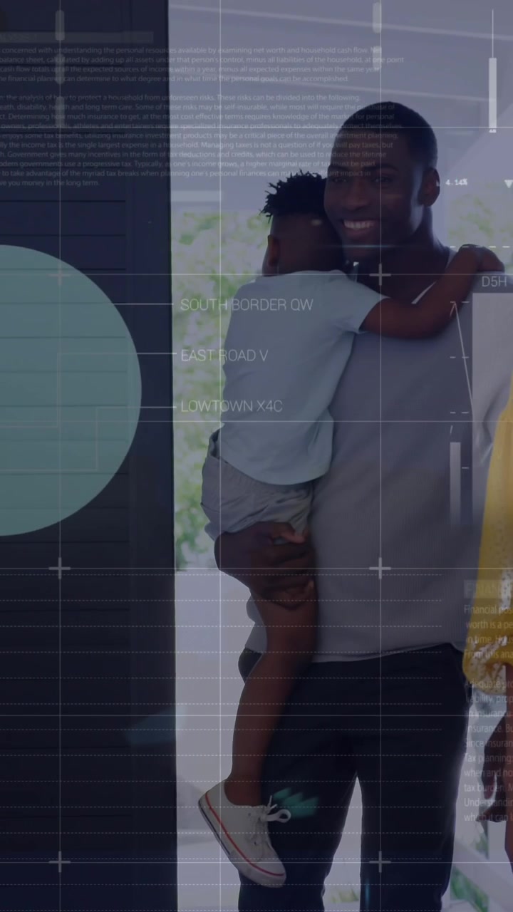 Animation of infographic interface over diverse couple with child walking in house