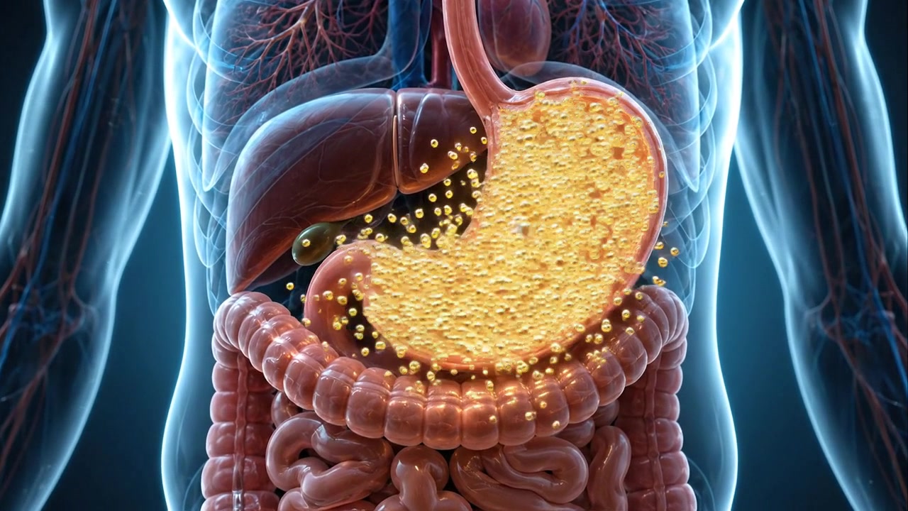 Human digestive system anatomy visualization with glowing stomach and intestines inside torso