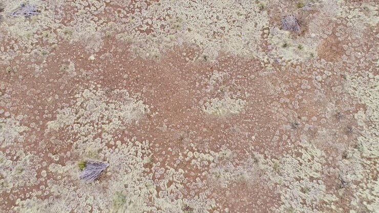 Straight-down view reveals American plains covered in shrubs, cloudy sky layers